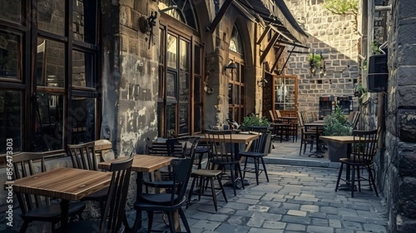 Fototapeta View of old cozy cafe in old city Wooden tables and chairs in an outdoor cafe : Generative AI