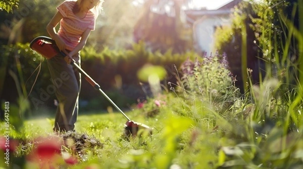 Fototapeta woman gardener using string lawn trimmer : Generative AI