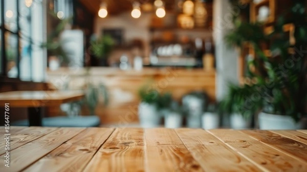 Fototapeta Blurred background of a cozy, rustic cafe interior with a focus on a wooden table in the foreground.
