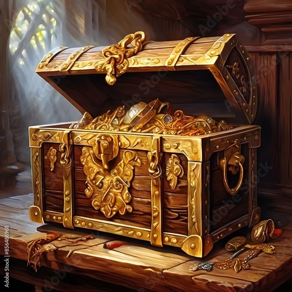 Obraz 나무로 된 보물상자와 금은보화