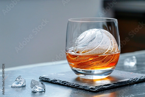 Fototapeta On refined grey slate stylish cocktail glass holds clear ice ball, adorned with delicate drops of bitters that create swirling pattern.