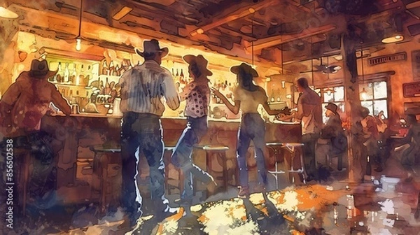Obraz Country line dancing at a rustic bar, lively and traditional, digital watercolor, country music scene