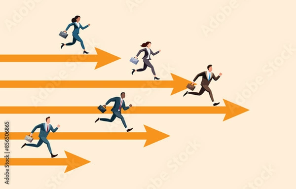 Obraz Businessmen and women compete in running on the Arrow Racetrack. Business competition. Compete with competitors to increase sales or win. Concept of comparing the performance of other employees.