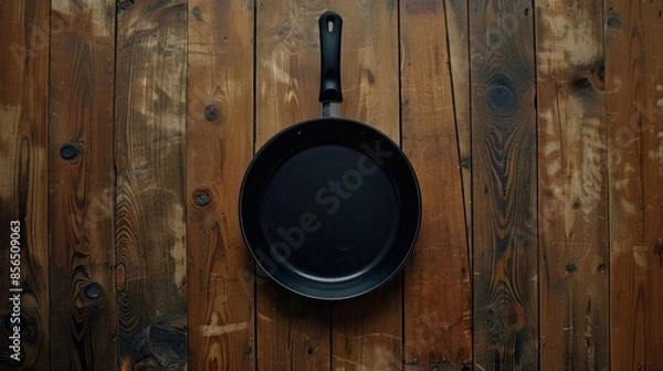 Obraz Black pan on wooden surface from above