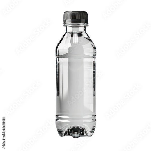 Fototapeta Clear plastic water bottle with black cap, isolated on white background.
