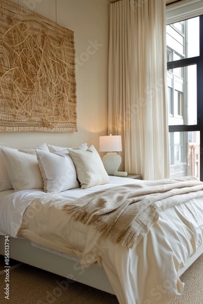 Fototapeta Calming and minimalist bedroom with a platform bed featuring a plush white comforter and textured throw pillows