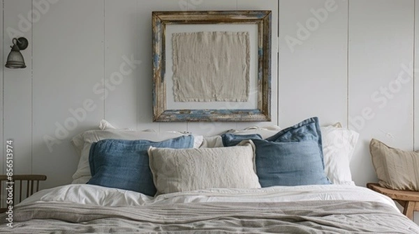 Obraz Distressed Frame Above Tranquil Blue Coastal Bed