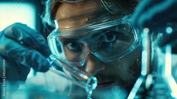 Fototapeta Scientific Precision: A scientist in safety gear pours liquid meticulously, eyes fixed on the experiment, the scene bathed in blue tint, showcasing meticulous lab work.
