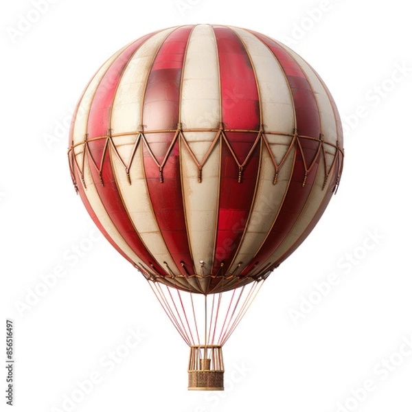 Obraz A vintage red and white hot air balloon isolated on a black background.  The balloon is depicted in a classic style, with a wicker basket.