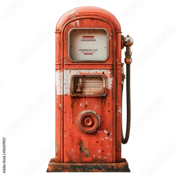 Obraz A vintage red gas pump with peeling paint and rust. The pump has a glass display and a single nozzle.
