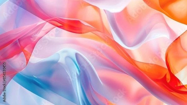 Obraz Simple and Restrained: Large White Area with Blurred Abstract Image of Blue, Orange, and Red Patterns on White Background, Light Red and Light Pink Tones, Gradients, Rounded Shapes, Neon and Fluoresce