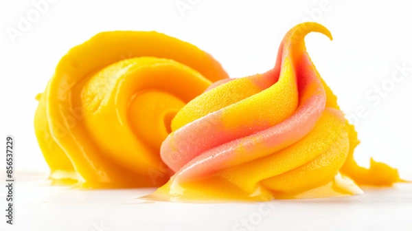 Obraz Exotic passionfruit and mango sorbet, an image of exotic passionfruit and mango sorbet, its vibrant orange and yellow swirls against a white background