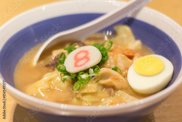 Fototapeta Ramen soup with boiled egg on the table