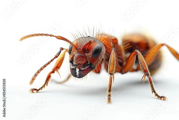 Fototapeta Detailed illustration of a fearsome Fire Ant, showcasing its two mandibles, two antennae, and six legs, against a stark white backdrop.
