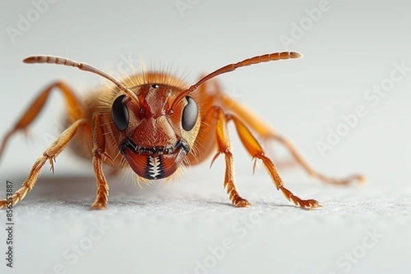 Fototapeta Detailed illustration of a fearsome Fire Ant, showcasing its two mandibles, two antennae, and six legs, against a stark white backdrop.