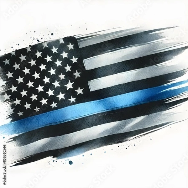 Fototapeta Black And White USA Flag with Blue Line. Thin Blue Line American Flag. Stars And Stripes Abstract Design. Independence Day Background. Corporate Concept American Flag.Watercolor texture. Generative AI