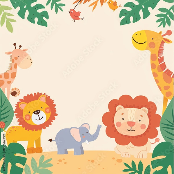 Fototapeta A colorful, playful safari-themed birthday invitation made with generative AI