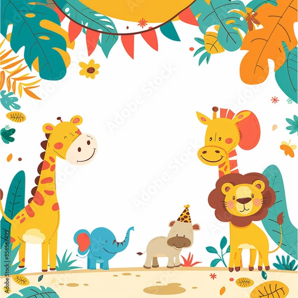 Fototapeta A colorful, playful safari-themed birthday invitation made with generative AI