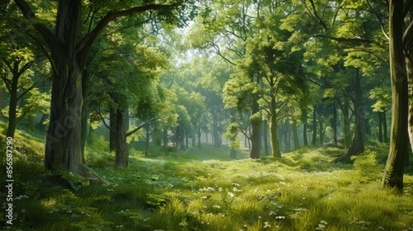 Obraz Verdant forest scene with vibrant foliage and natural sunlight. Peaceful outdoor landscape