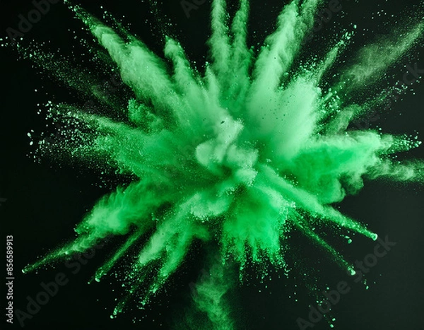 Fototapeta Green powder explosion isolated on a black background. green dust particles splash. Color Holi Fes