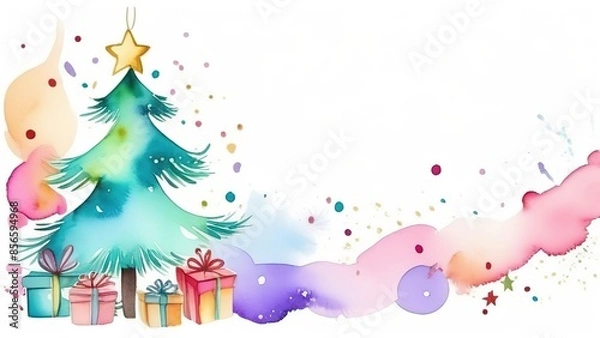 Fototapeta Beautiful Christmas tree gifts under the Christmas tree in watercolor with place for text. Holiday card design. Symbol of the New Year.