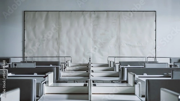 Fototapeta A minimalist modern office setting, featuring a large blank wall that invites creativity and personalization. The office space is neatly arranged,