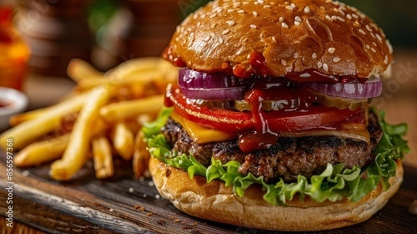 Fototapeta Mouthwatering burger with grilled meat, vegetables, tomatoes, onions, cheese, lettuce, ketchup, soft buns, on a board with fries, raw and vivid