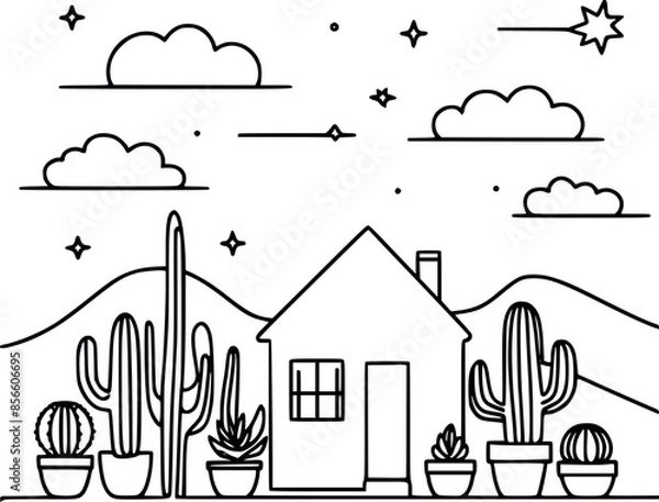 Fototapeta Continuous line art drawing house with cactus on white background generated by Ai