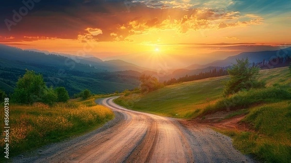 Fototapeta Mountain road disappearing into the horizon, under a bright summer sunset, capturing the essence of solitude, raw and vibrant