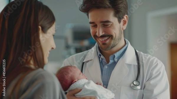 Fototapeta A millennial doctor in a medical coat holding a newborn baby and smiling at the parents.
