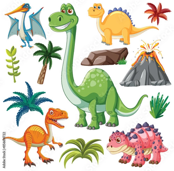 Fototapeta Various dinosaurs with plants and volcano background