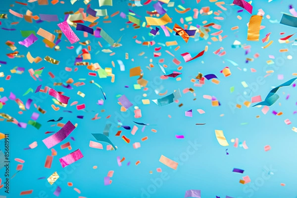 Obraz Colorful Confetti Falling Against Bright Blue Sky Celebration Background