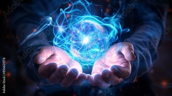 Obraz Hands holding a glowing orb with blue ethereal smoke swirling above, set against a dark background.