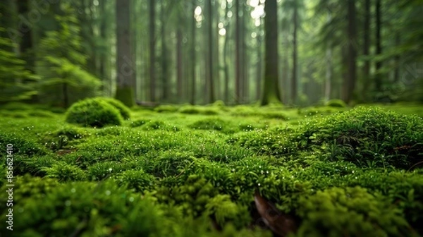 Fototapeta Lush Green Forest Floor Covered with Moss and Dewdrops in a Serene Woodland Setting