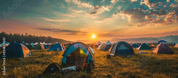 Obraz outdoor music festival with tents and camping gear concept banner background
