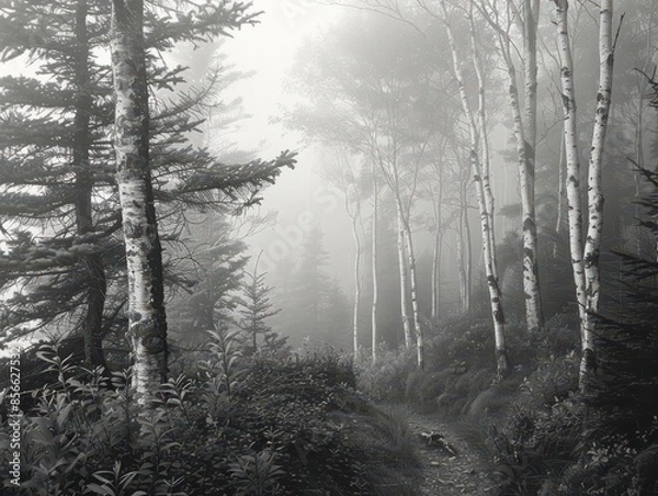 Fototapeta Black and white landscape of a foggy forest with tall trees and thick underbrush