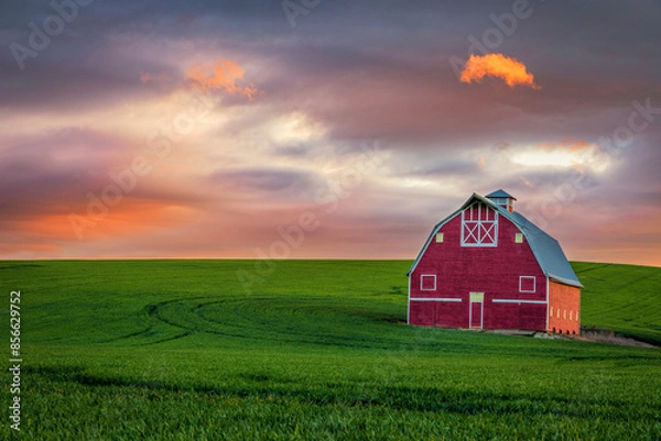 Obraz Dramatic sunset over a red barn in the Palouse in eastern Washington state
