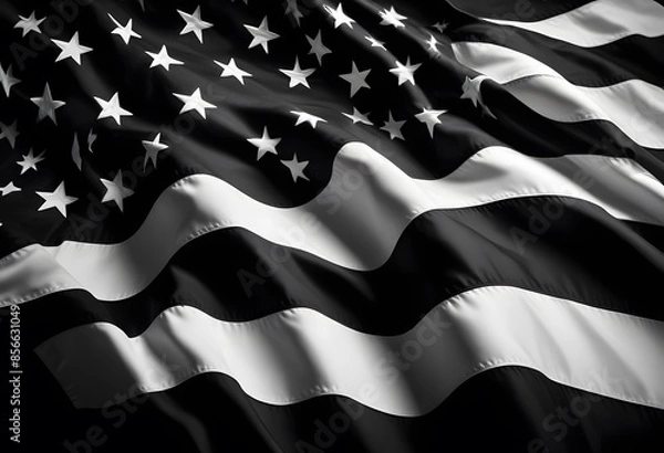 Fototapeta A black and white American flag waving on a black background. Flag of USA. american flag isolated on black background