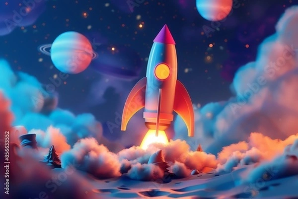 Fototapeta A 3D cartoon rocket blasting off towards the moon, with stars and planets in the background.