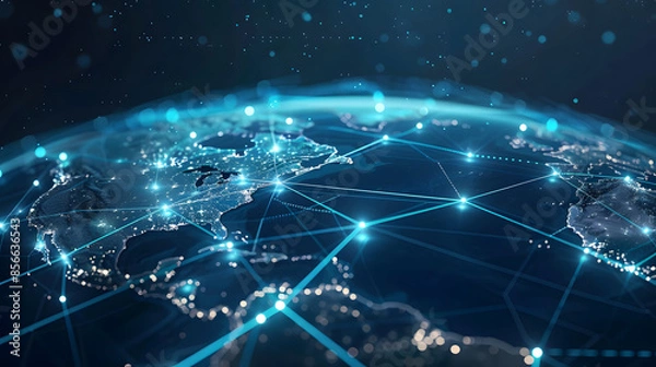 Fototapeta Global communication interconnection, where the bouncing light on the Earth's sphere connects various regions, is a communication concept.