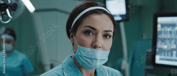 Fototapeta Portrait of Nurse - Doctor in operating room - every day hero - Stressed by the responsibility and constant pressure