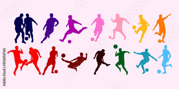 Fototapeta Set of silhouette football, soccer sport player isolated on white background vector illustration.
