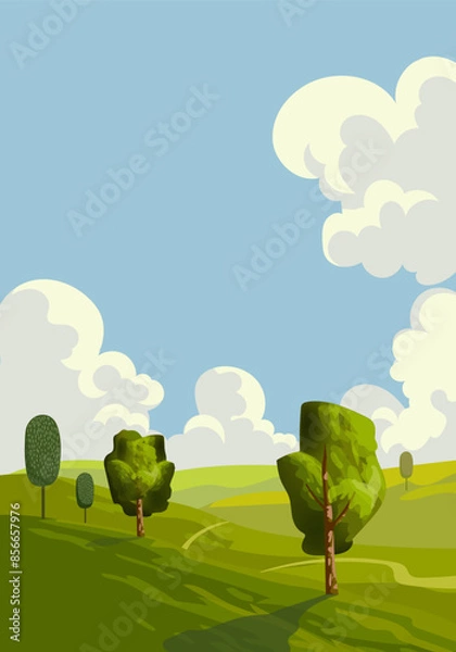 Fototapeta Nature landscape with green meadow, grass, trees and blue sky  vector illustration background. Scenery panorama design for banner, poster, template, background.