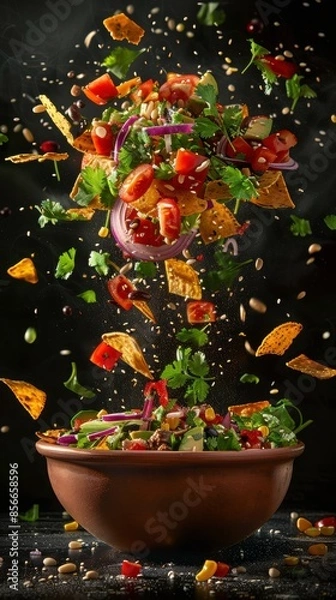 Fototapeta Realistic levitation photography of a vibrant taco salad in a clay dish, hovering against a black background, detailed ingredients, high resolution, dynamic composition
