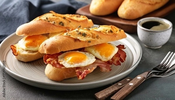Fototapeta たまごを挟んだ朝食のフランスパン