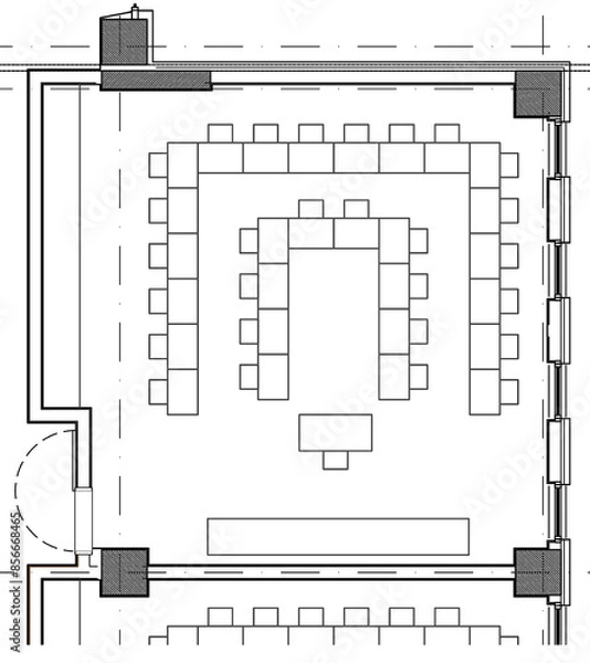 Fototapeta 2d architectural drawing illustration of an art classroom for primary school. Educational space for children. Desk layout in U shape. Monochrome image.
