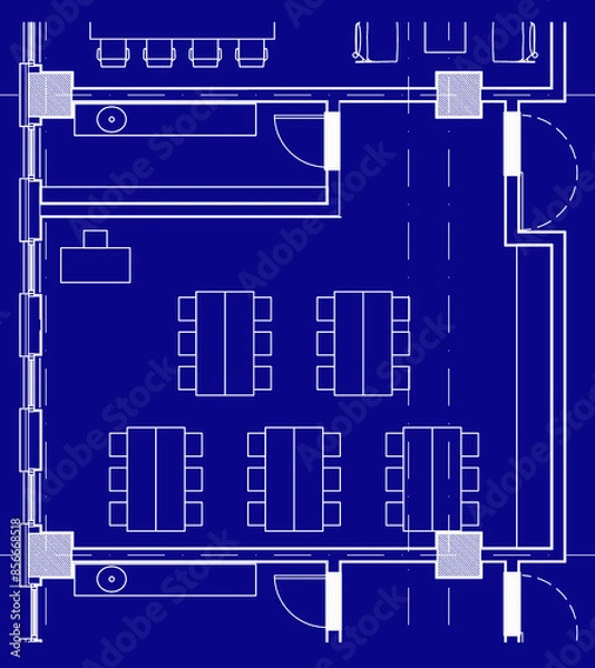 Fototapeta 2d architectural drawing illustration of a laboratory classroom for primary school. Educational space for children. Image in blueprint style. 