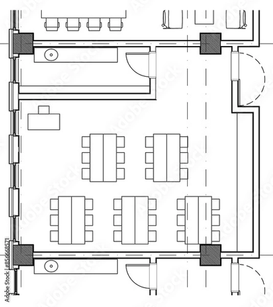 Fototapeta 2d architectural drawing illustration of a laboratory classroom for primary school. Educational space for children. Monochrome image