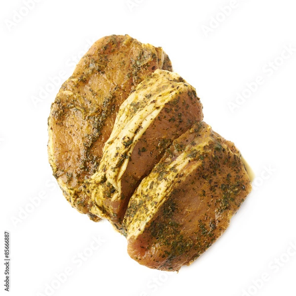 Fototapeta Three marinated beef slices isolated