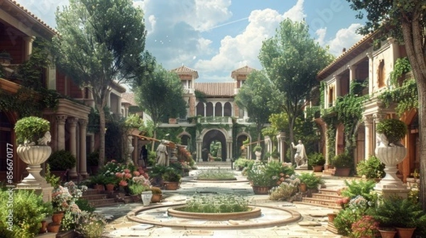 Fototapeta Ancient Roman Courtyard with Fountain and Statue